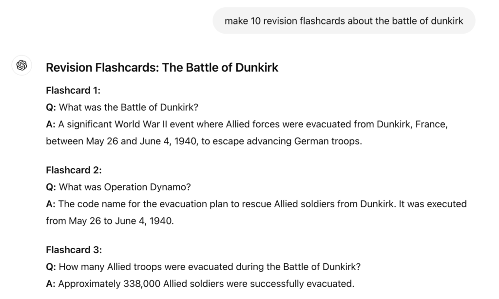 Chat GPT Battle of Dunkirk Flashcard Generation